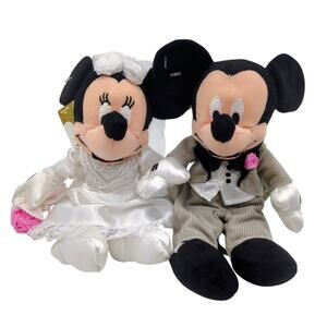 Disney Store Mickey Minnie Mouse Wedding Bean Bag Plush Set 8" Bride Groom